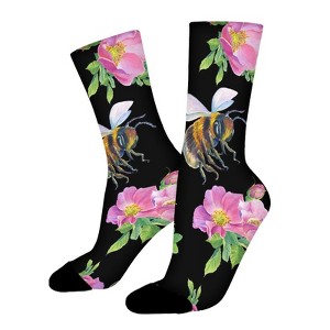 Watercolor Flowers Bee Women Printed Crew Socks Funny Funky Socks Soft Polyester Novelty Gifts for Artists Men - 1 of 1