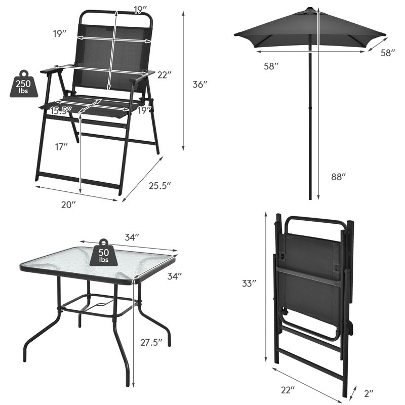 Tangkula 6-Piece Patio Dinning Sets Garden Table Set Outdoor Folding Chairs & Glass Table Set w/ Umbrella Grey, 4 of 11