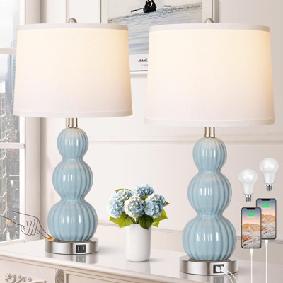 ROTTOGOON Table Lamps for Bedroom Set of 2, 26.5" Bedside Lamps for Living Room with USB Ports Touch Control, Modern Blue Ceramic Nightstand Lamp