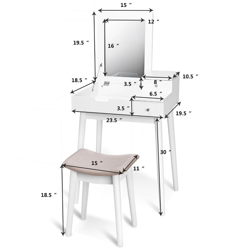 Tangkula Vanity 2 Drawers Dressing Table Set Flip-type Desktop with Mirror Stool White, 3 of 8