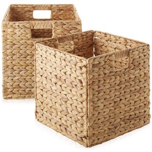 Casafield 13" x 13" Water Hyacinth Storage Baskets - Set of 2 Collapsible Cubes, Woven Bin Organizers for Bathroom, Bedroom, Laundry, Pantry - 1 of 4