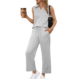 PINSPARK Two Piece Sets for Women Sleeveless Outfits Travel Tracksuit V Neck Top Wide Leg Pant Lounge Sets 2025 Summer - 1 of 4