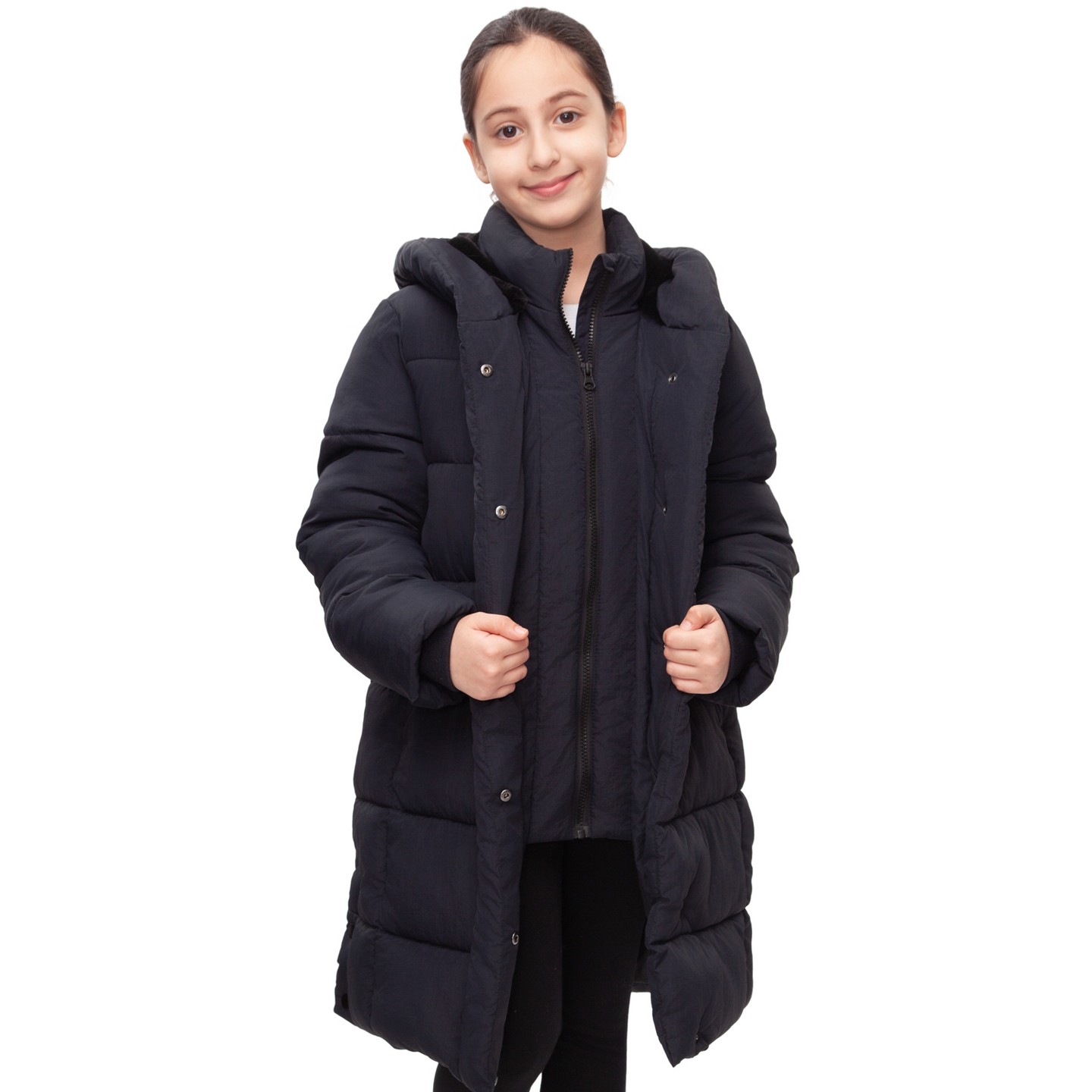 Куртка Rokka&Rolla Knee-Length Coat Long Puffer Jacket-black для девочек, цвет: Чёрный — фото 5