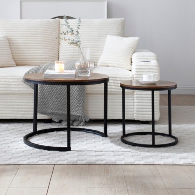 Set of 2 Nesting Round End Tables with Metal Frame, Modern Industrial Design for Living Room
