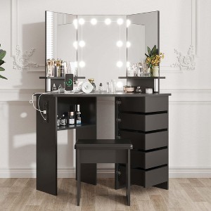 Makeup Vanity With Lighted Mirror, Vanity Desk With Power Strip, Corner Vanity Table With 5 Rotating Drawers - 1 of 4