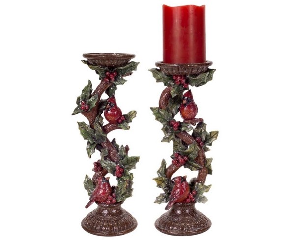 Melrose 2ct Cardinal Bird and Holly Leaf Christmas Pillar Candle Holder Set 13.25" - Red