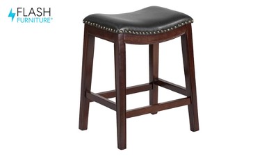 Elegant Backless Black Leather and Cappuccino Wood Counter Stool
