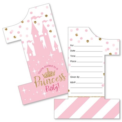 Big Dot of Happiness 1st Birthday Little Princess Crown - Shaped Fill-in Invites - Princess Birthday Party Invite Cards with Envelopes - Set of 12