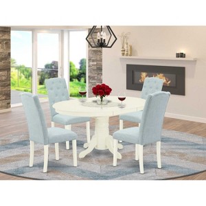HomeStock 5 Piece Dining Table Set -Oval Dining Room Table with Butterfly Leaf and 4 Baby Blue Linen Fabric Parsons Chairs, 42x60 Inch, Linen White - 1 of 4