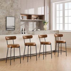 Set of 2 Modern Leather Bar Stools, 27" Counter Height w/Back & Footrest, 300Lbs Capacity, Brown Upholstered Kitchen Island Stools - 1 of 4