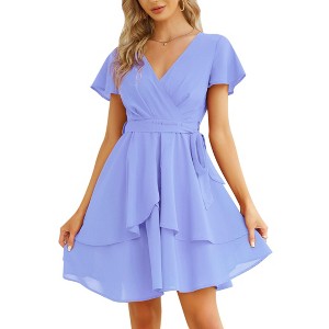 Clearlove Womens Skater Dresses V Neck Short Sleeve Tie Waist Solid Ruffle Boho Flowy Swing Mini Dress - 1 of 4