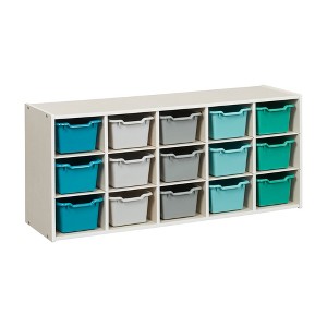 ECR4Kids Streamline 15 Cubby Tray Cabinet with 15 Scoop Front Storage Bins, 3x5, White Wash - 1 of 4