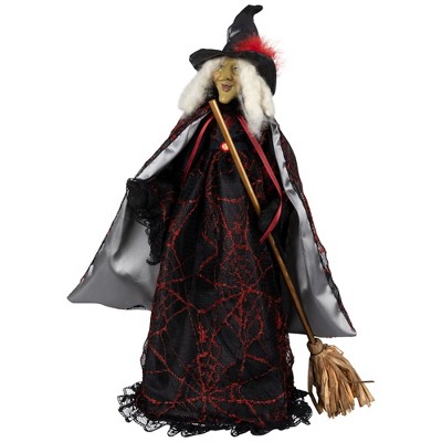 Victorian Style Black and Red Witch Figurine with Broom - 18"