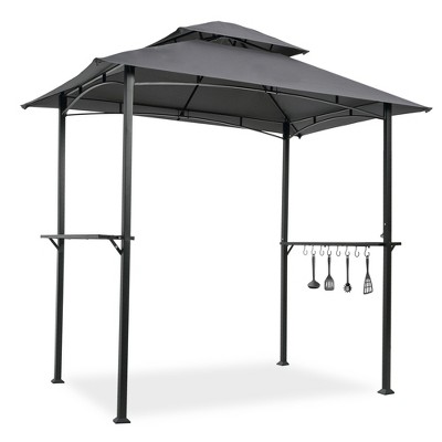 DOMETOUR Outdoor Grill Gazebo 8 x 5 Ft, Shelter Tent, Double Tier Soft Top Canopy and Steel Frame with hook and Bar Counters, Grey