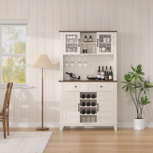 72" Farmhouse Coffee Bar Cabinet with 4 Doors, 2 Drawers, Wine Rack & Glass Holder, Kitchen Storage Buffet, White Pantry Hutch for Dining Room - 1 of 4