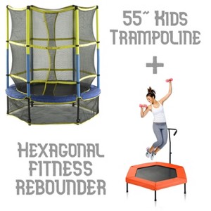 55" Mini Kids Trampoline + Hexagonal Fitness Rebounder with Handrail - Family Set for Children & Adults - 1 of 4