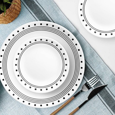 White Vitrelle Glass Dinnerware Set with Geometric Pattern, Service for 4