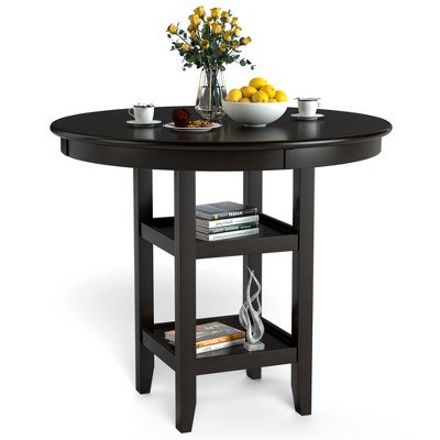 Costway 36.5'' Counter Height Dining Table W/ 42'' Round Tabletop & 2-Tier Storage Shelf