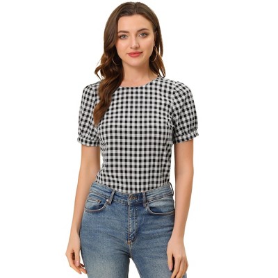 Allegra K Women's Vintage Crew Neck Puff Sleeve Casual Plaid Gingham ...