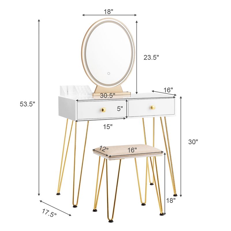 Costway Vanity Makeup Dressing Table W/ 3 Lighting Modes Mirror Touch Switch White, 4 of 11