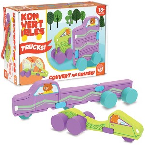 MindWare Konvertibles Transforming Wooden Trucks – 2?Piece Flip?&?Change Vehicle Set with Carry?Along Box That Becomes 3?D Road Scene, Toddler Toy for - 1 of 1