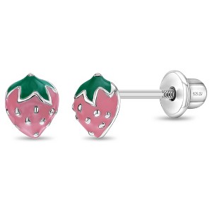 Girl's Summer Strawberry Screw Back Sterling Silver Earrings - In Season Jewelry - 1 of 4