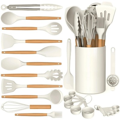 LunaLulinlk Wooden Handle Silicone Cooking Utensil Set, Eco-Friendly, High Heat Resistant 446°F Kitchen Utensils with Stand, BPA Free