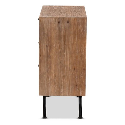 Mid-Century Natural Brown Wood and Rattan 3-Drawer Cabinet
