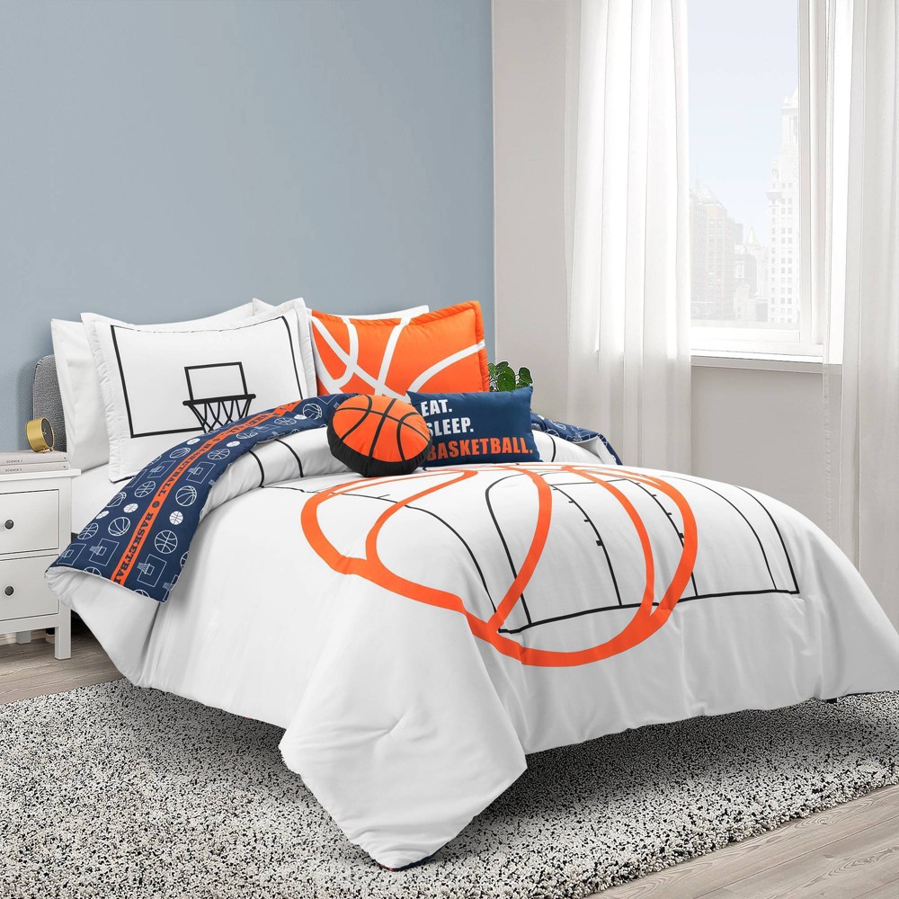 Photos - Bed Linen 5pc Full/Queen Kids' Basketball Game Reversible Oversized Comforter Bedding Set White/Navy - Lush Décor: Sports Theme, Teen