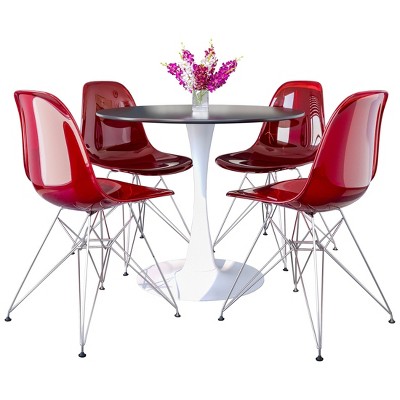 LeisureMod 5-Piece Dining Set, 35" Round Dining Table, White Iron, 4 Side Chair in Chrome