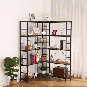 Industrial Bookcases and Bookshelves,5-Tiers Corner Bookshelf with Metal Frame,L-Shaped Shelf with Curved Panels, Open Display Storage Rack - 1 of 4