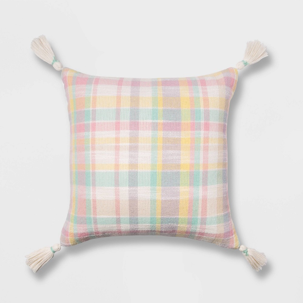 Easter Plaid Square Throw Pillow with Tassels Pink/Yellow - Spritz