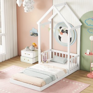 Okak Twin/Full Size Bed Frame with House-shaped Roof & Headboard Guardrails, Modern Floor Bed for Toddlers/Kids Bedroom(Without Slats) - 1 of 4