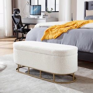47.63" Modern Storage Bench, Teddy Plush Oval Upholstered Storage Ottoman Entryway Bench With Metal Legs For Living Room Bedroom End Of Bed - 1 of 4