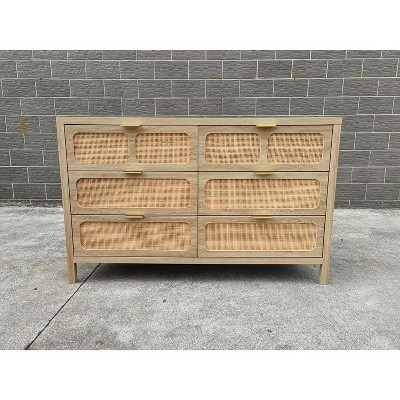 6 Drawer Dresser, Rattan Dresser for Bedroom, Farmhouse Wood Storage Chest of Drawers for Bedroom, Living Room, Hallway, Entryway