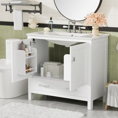 36" Bathroom Vanity with Ceramic Sink, Soft-Close Doors, Double Storage Shelves & Divided Drawer - Leovsnove