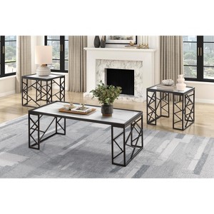 Occasional 3pc Tables Set Tempered Glass Top Coffee Table and End Tables Black Metal Frame Living Room Furniture - 1 of 1