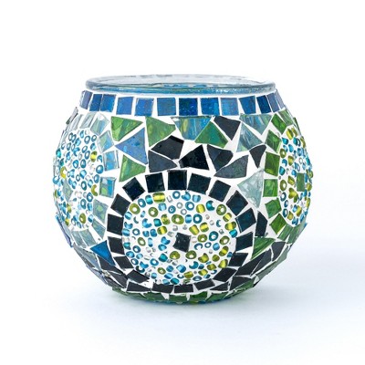 Kafthan 3.4 In. Handmade Turquoise And White Mosaic Glass Votive Candle ...