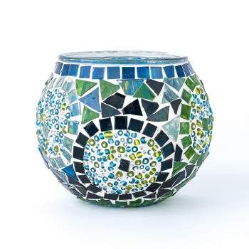 Kafthan 3.4 in. Handmade Turquoise and White Mosaic Glass Votive Candle Holder