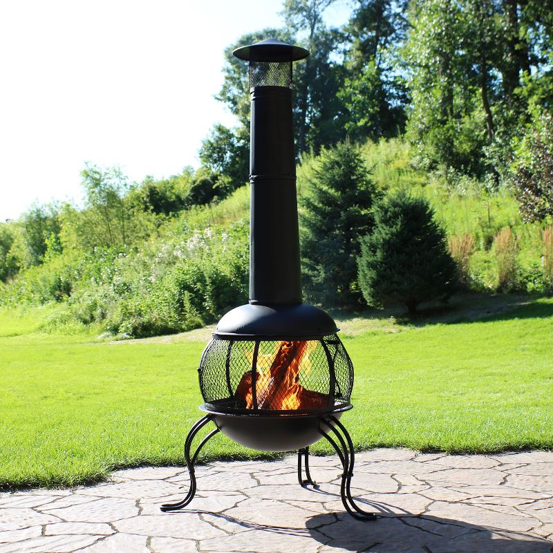 Sunnydaze Outdoor Backyard Patio Steel Wood-Burning Fire Pit Chiminea with Rain Cap and Mesh Sides - 66" - Black, 3 of 12