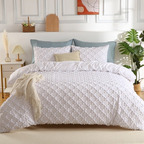 3 Piece Tufted Duvet Cover Set, Boho Geometric Embroidery Shabby Chic  Bedding Set