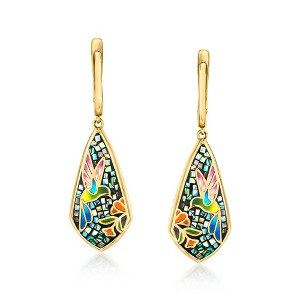 Ross-Simons Multicolored Enamel and Abalone Shell Hummingbird Mosaic Drop Earrings in 18kt Gold Over Sterling - 1 of 4