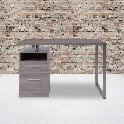 Light Ash Wood Computer Desk with Drawer and Silver Frame