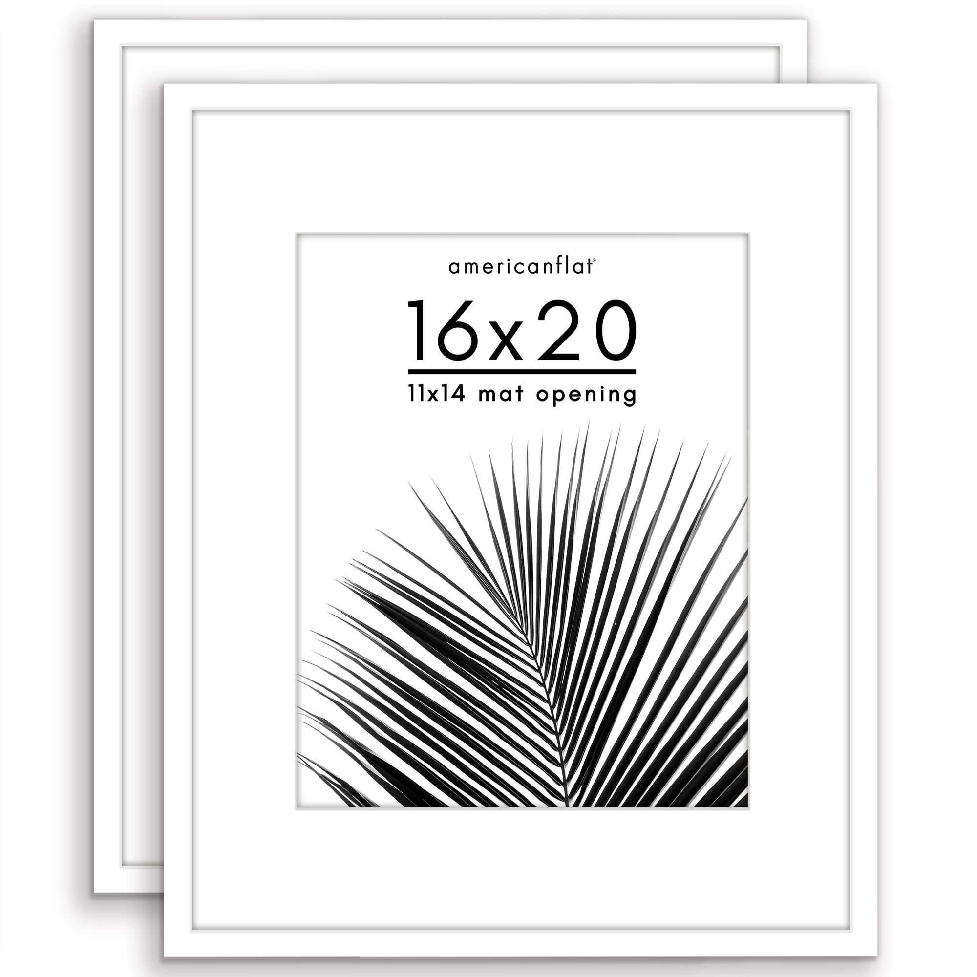 Americanflat 2 Pack of 16x20 Frames with 11x14 Mat - Plexiglass Cover - White