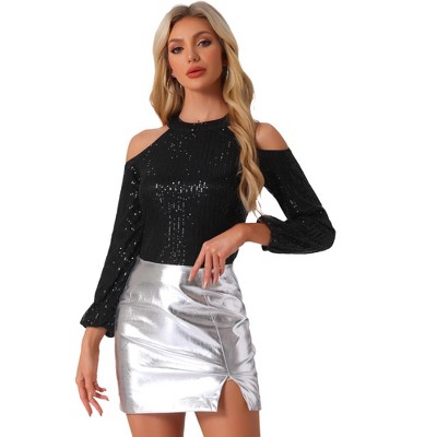 Allegra K Women's Sequin Sparkle Glitter Long Sleeve Cold Shoulder Party Tunic Top