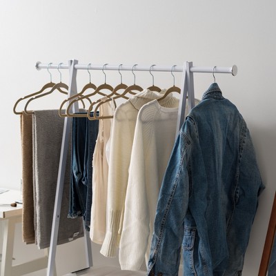 White Metal Freestanding Clothing Rack with Wooden Accents