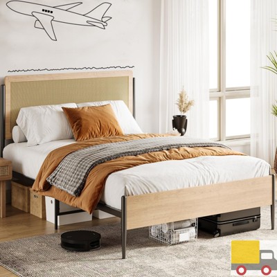 Jojoka Rattan Bed Frame with Natural Headboard, Metal Platform with Underbed Storage, No Box Spring Needed, Farmhouse Style,for Guest Room