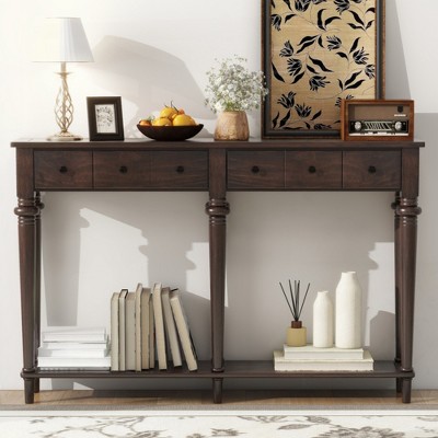 KIGFTSOD Entryway Table with 4 Drawers, Retro Console Table with Open Shelf for Entryways, Living Rooms, and Hallways
