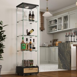 INFURNIC Decorative Bookshelf Modern Glass Display Cabinet 1-Door Storage Case with Drawer and 4 Shelves, Black, 16.7"*14.4"*65.8" - 1 of 4