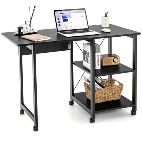 Folding Sewing Table, Rolling Utility Work Station Side Desk with 3-Tier  Storage Bins, Shelf, and